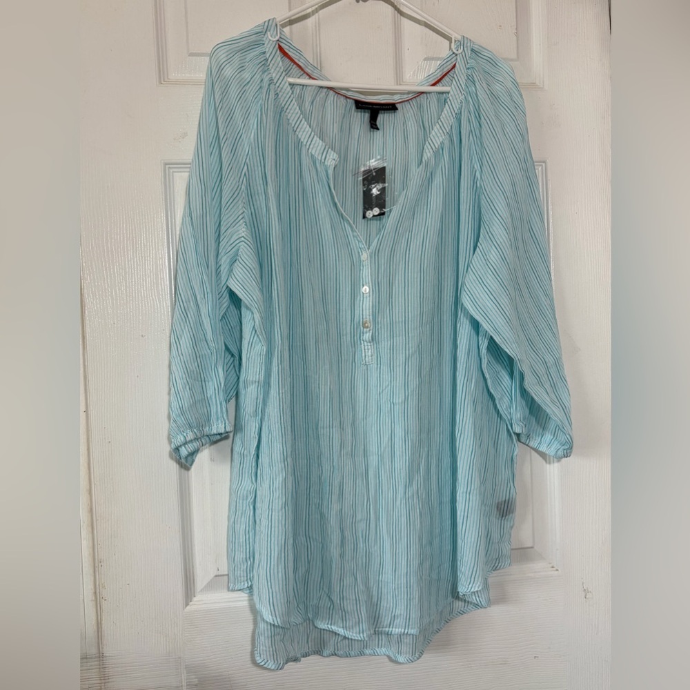 Lane Bryant Light Blue Striped Blouse 3/4 Sleeves Round Split Neck Sz 22/24
